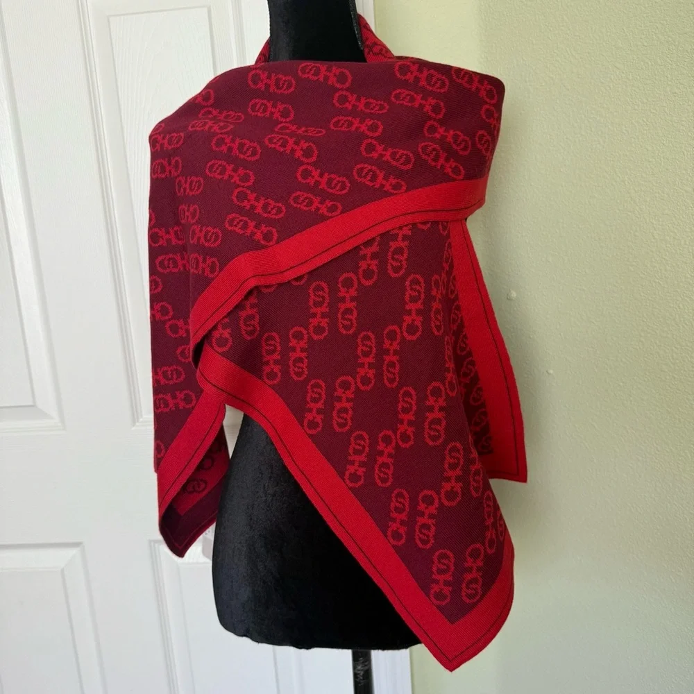 NWT Jimmy Choo Monogram Wool Blend Knit Scarf burgundy/red